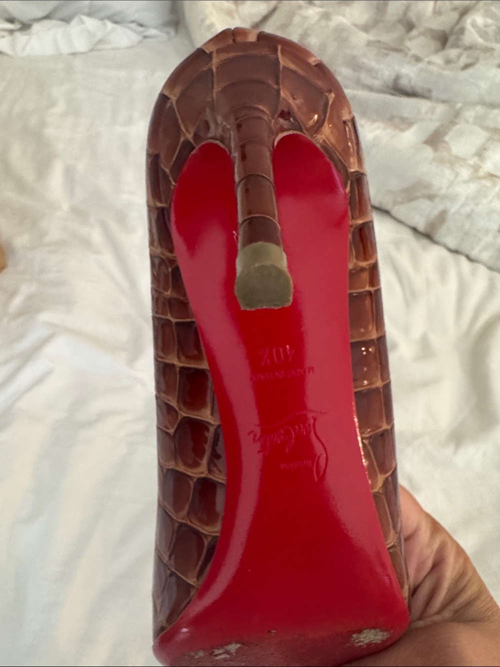 Christian Louboutin Brown Croc-Embossed Patent Leather Pumps - Picture 5 of 8